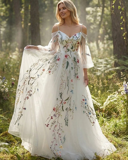 Off the Shoulder V Neck Lace Embroidered Wedding Dresses