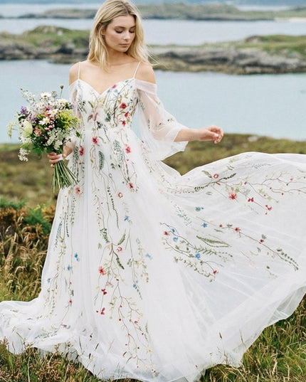 Off the Shoulder V Neck Lace Embroidered Wedding Dresses