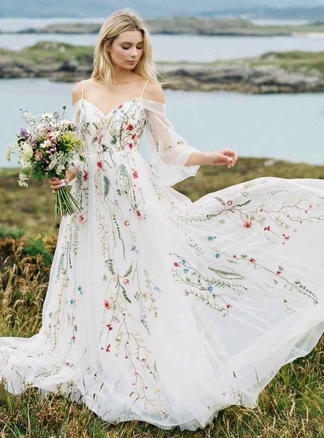 Off the Shoulder V Neck Lace Embroidered Wedding Dresses