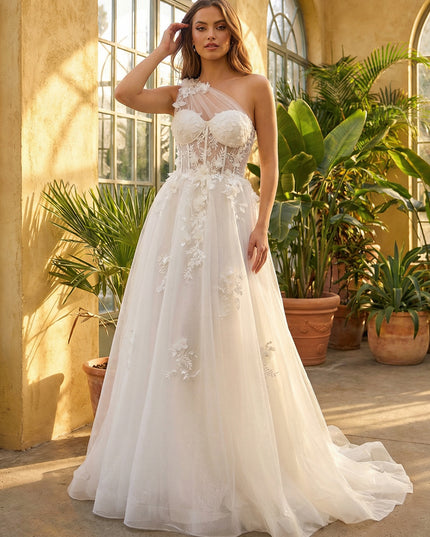 One Shoulder Sweetheart Lace Applique Wedding Dresses with 3D Flower