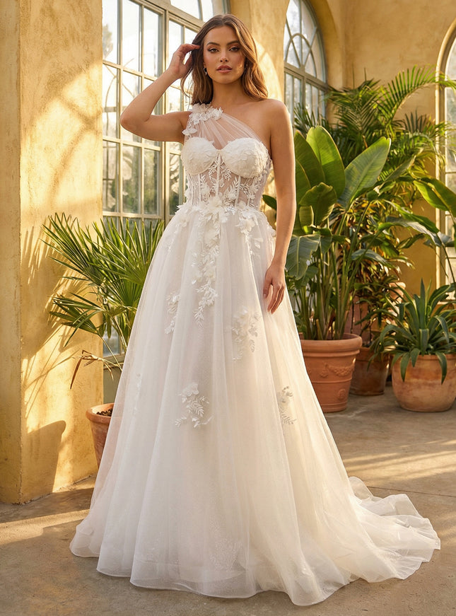 One Shoulder Sweetheart Lace Applique Wedding Dresses with 3D Flower