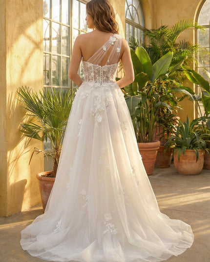 One Shoulder Sweetheart Lace Applique Wedding Dresses with 3D Flower