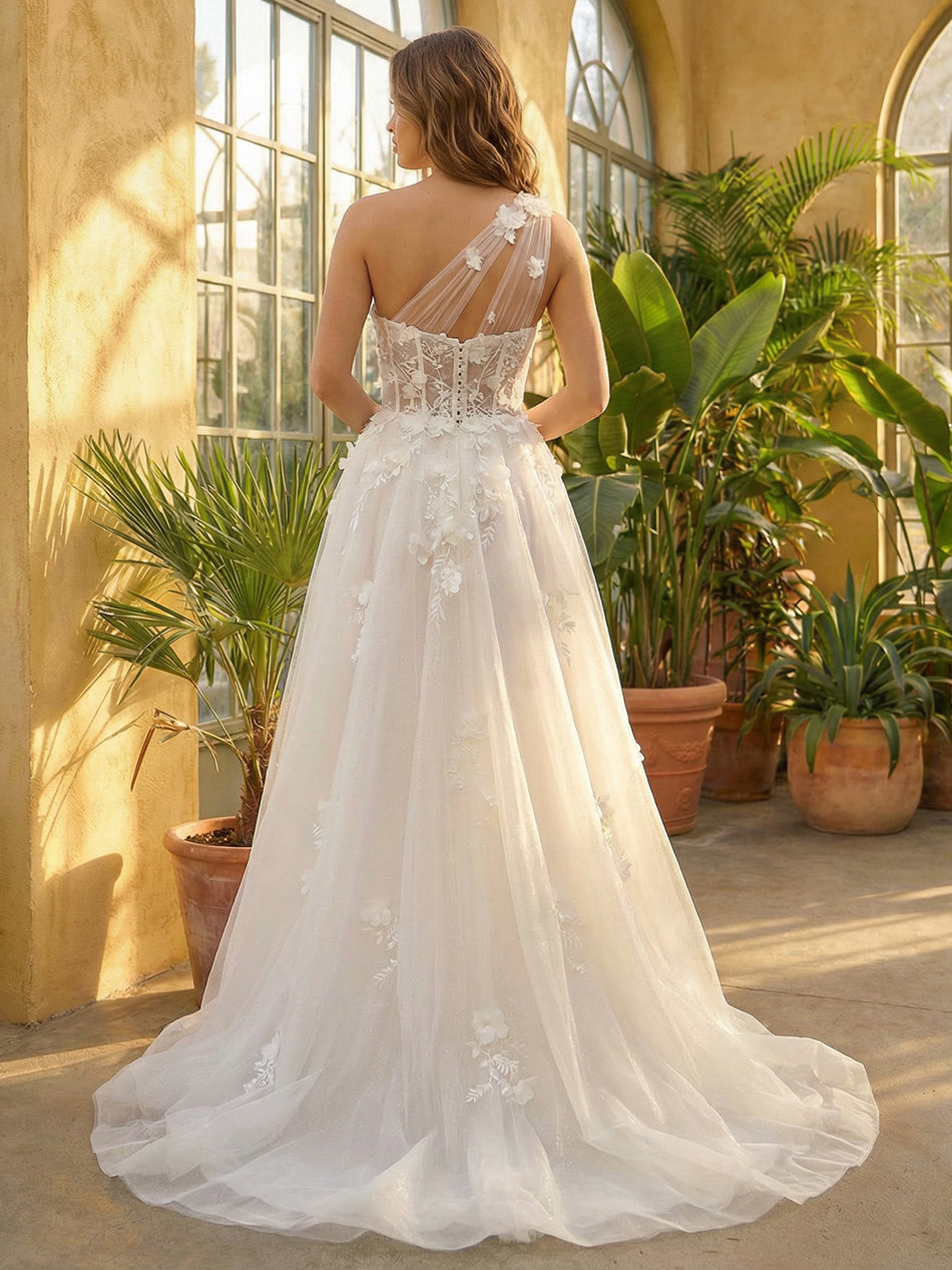One Shoulder Sweetheart Lace Applique Wedding Dresses with 3D Flower