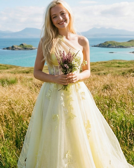 One Shoulder Sweetheart Lace Applique Wedding Dresses with 3D Flower