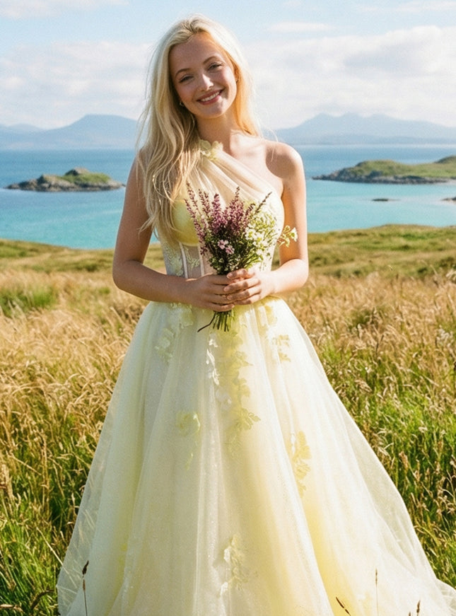 One Shoulder Sweetheart Lace Applique Wedding Dresses with 3D Flower