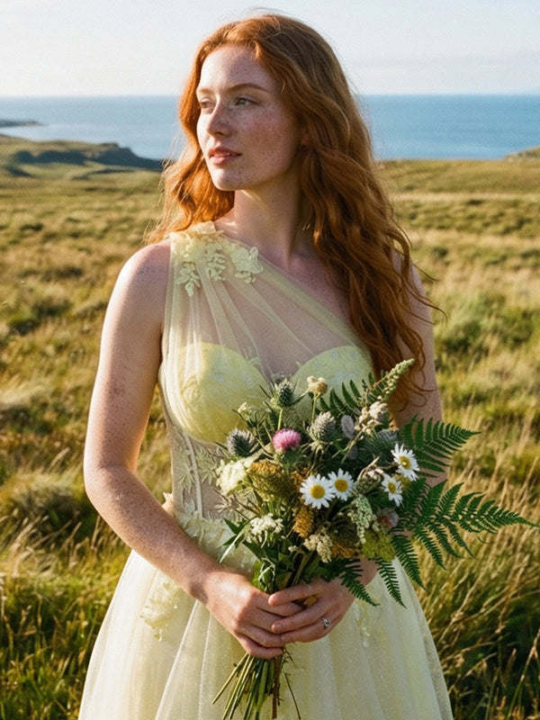 One Shoulder Sweetheart Lace Applique Wedding Dresses with 3D Flower