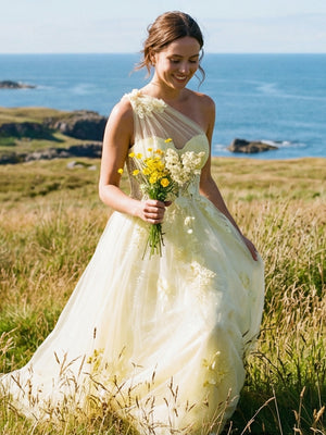 One Shoulder Sweetheart Lace Applique Wedding Dresses with 3D Flower