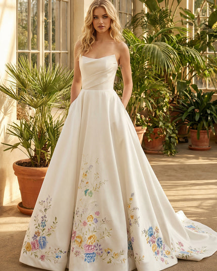 Strapless Satin Embroidery A-Line Ruched Wedding Dresses