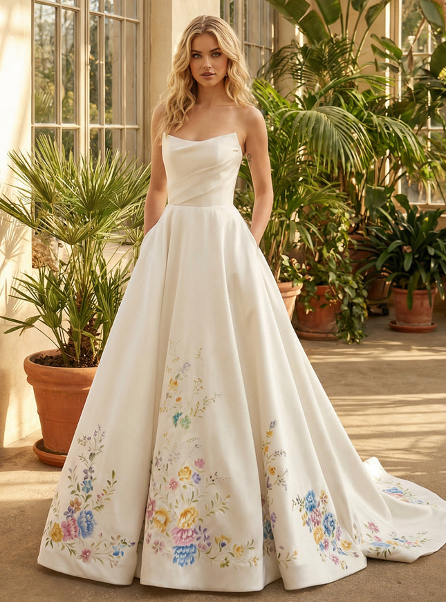 Strapless Satin Embroidery A-Line Ruched Wedding Dresses