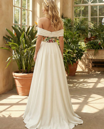 Off the Shoulder Satin Embroidery A-Line Backless Wedding Dresses