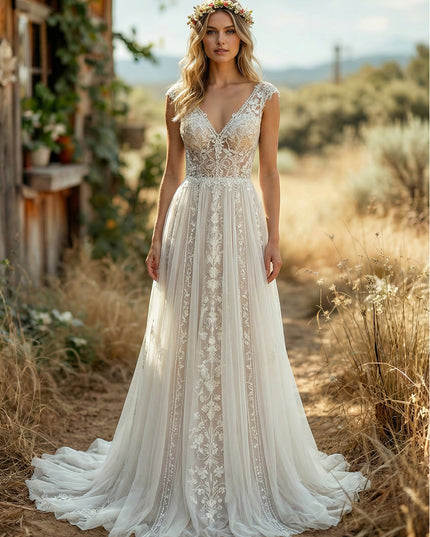 V Neck Lace Applique A-Line Backless Long Wedding Dresses