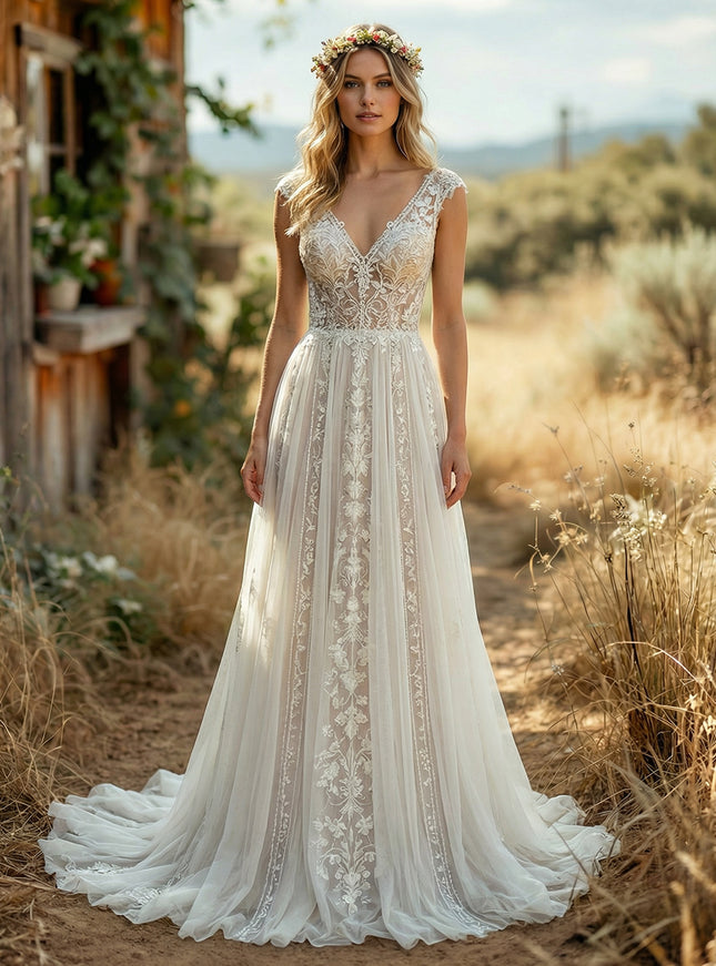V Neck Lace Applique A-Line Backless Long Wedding Dresses