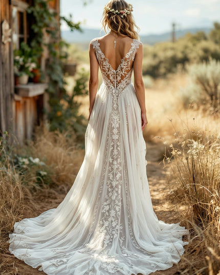 V Neck Lace Applique A-Line Backless Long Wedding Dresses