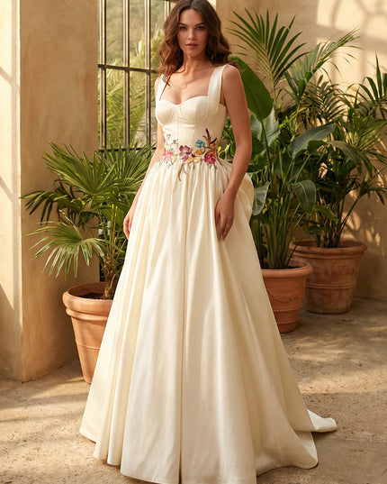 Sweetheart Satin Embroidery A-Line Wedding Dresses with Bow
