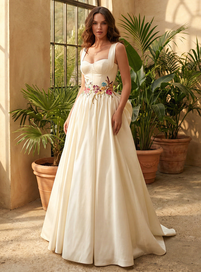 Sweetheart Satin Embroidery A-Line Wedding Dresses with Bow