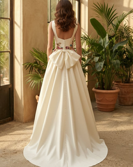 Sweetheart Satin Embroidery A-Line Wedding Dresses with Bow