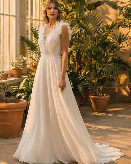 V Neck A Line Laces Empire Waist Wedding Dresses with Ruffled