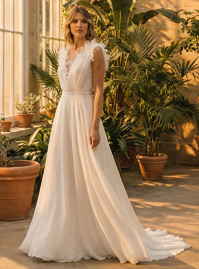 V Neck A Line Laces Empire Waist Wedding Dresses with Ruffled