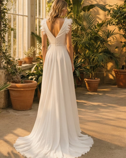 V Neck A Line Laces Empire Waist Wedding Dresses with Ruffled