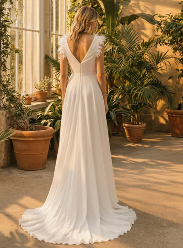 V Neck A Line Laces Empire Waist Wedding Dresses with Ruffled