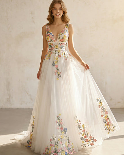 Lace Embroidery V Neck Empire Waist A-Line Wedding Dresses