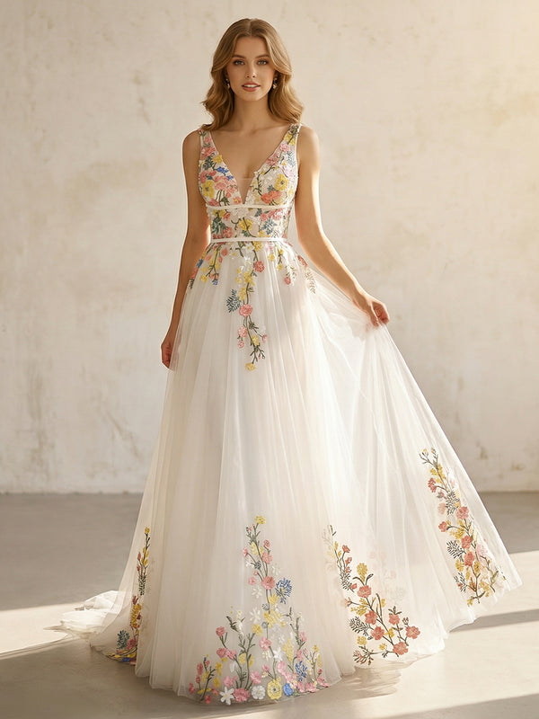 Lace Embroidery V Neck Empire Waist A-Line Wedding Dresses
