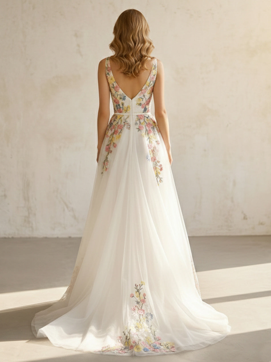 Lace Embroidery V Neck Empire Waist A-Line Wedding Dresses