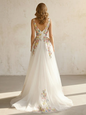 Lace Embroidery V Neck Empire Waist A-Line Wedding Dresses