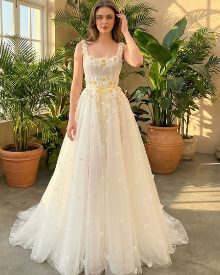 Lace 3D Flower Spaghetti Straps Empire Waist A-Line Wedding Dresses