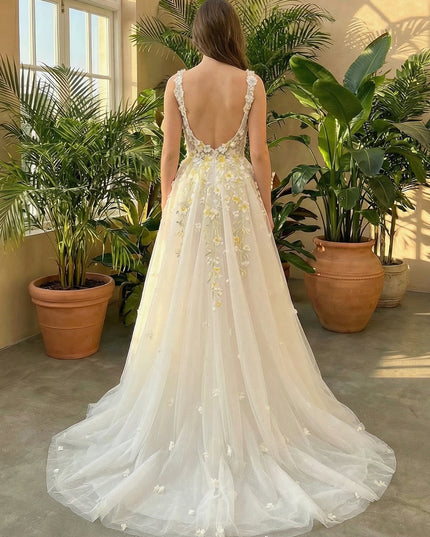 Lace 3D Flower Spaghetti Straps Empire Waist A-Line Wedding Dresses