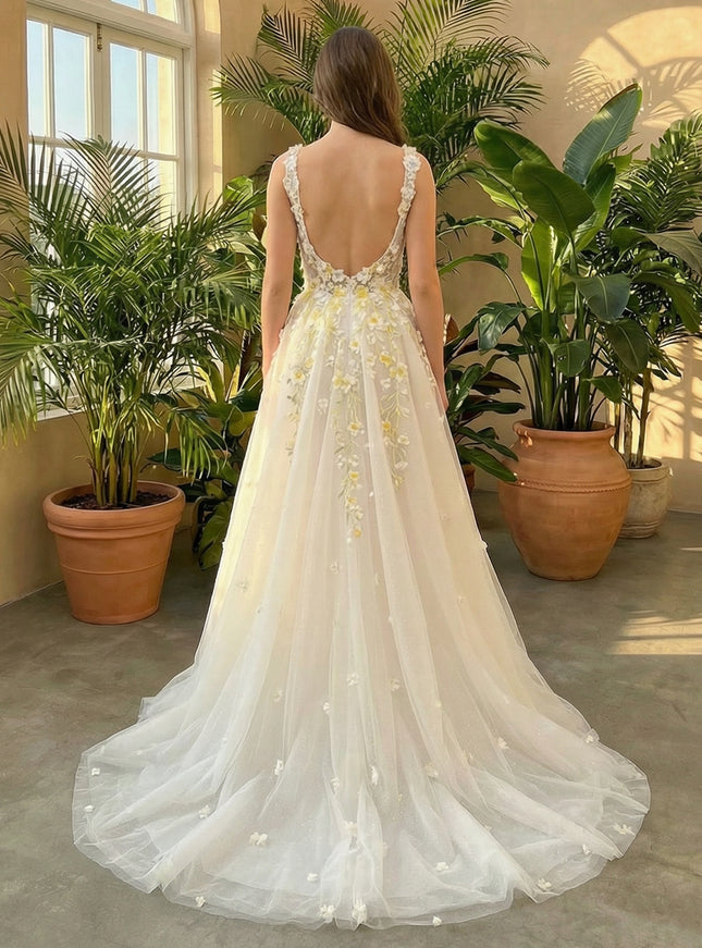 Lace 3D Flower Spaghetti Straps Empire Waist A-Line Wedding Dresses