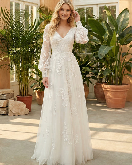 Lace Appliques V Neck A-Line Wedding Dresses with Long Sleeves
