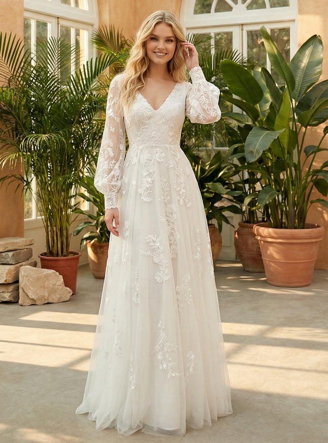 Lace Appliques V Neck A-Line Wedding Dresses with Long Sleeves