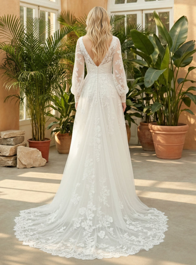 Lace Appliques V Neck A-Line Wedding Dresses with Long Sleeves