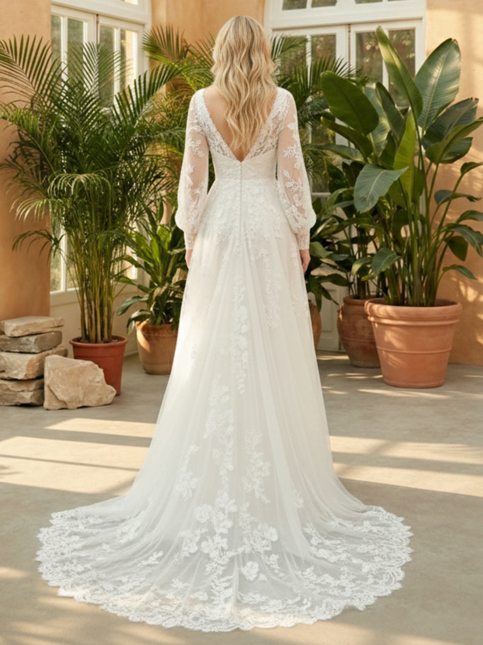 Lace Appliques V Neck A-Line Wedding Dresses with Long Sleeves