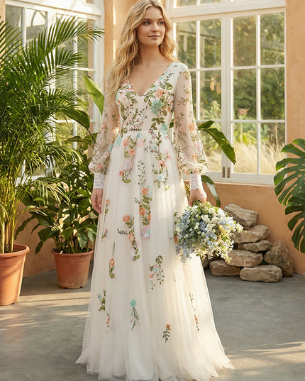 Lace Embroidered V Neck A-Line Wedding Dresses with Long Sleeves