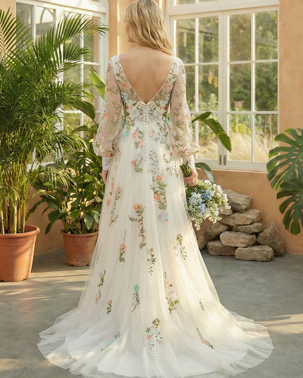 Lace Embroidered V Neck A-Line Wedding Dresses with Long Sleeves