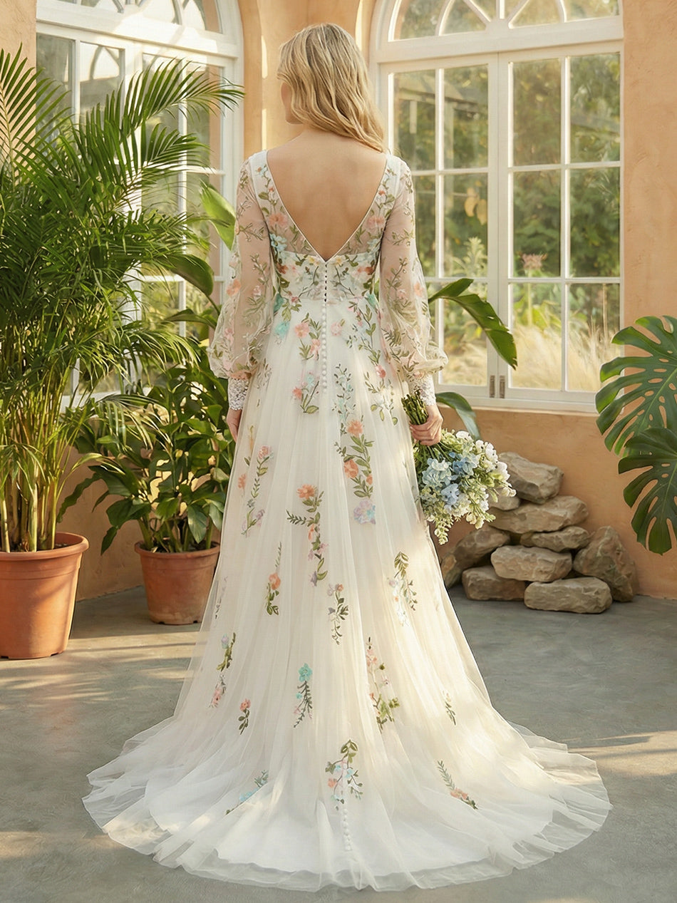 Lace Embroidered V Neck A-Line Wedding Dresses with Long Sleeves