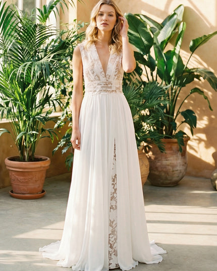 V Neck Sleeveless A-Line Wedding Dresses with Lace Appliques