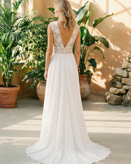 V Neck Sleeveless A-Line Wedding Dresses with Lace Appliques