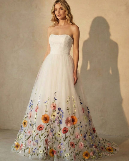 Strapless Lace Embroidered A-Line Long Wedding Dresses with Backless