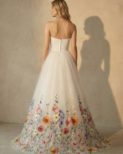 Strapless Lace Embroidered A-Line Long Wedding Dresses with Backless