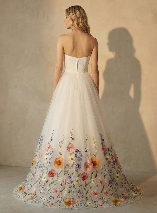 Strapless Lace Embroidered A-Line Long Wedding Dresses with Backless