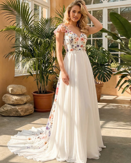 V Neck Ruffles Sleeves Lace Embroidered A-Line Wedding Dresses Backless