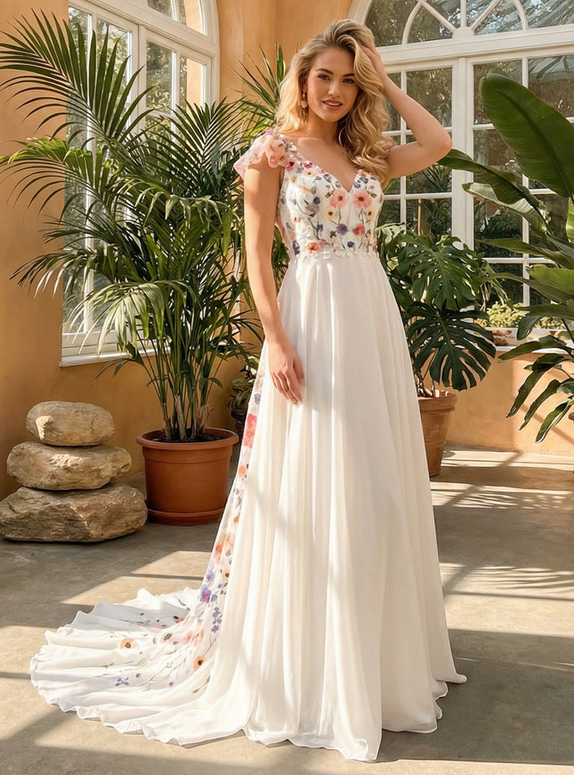 V Neck Ruffles Sleeves Lace Embroidered A-Line Wedding Dresses Backless