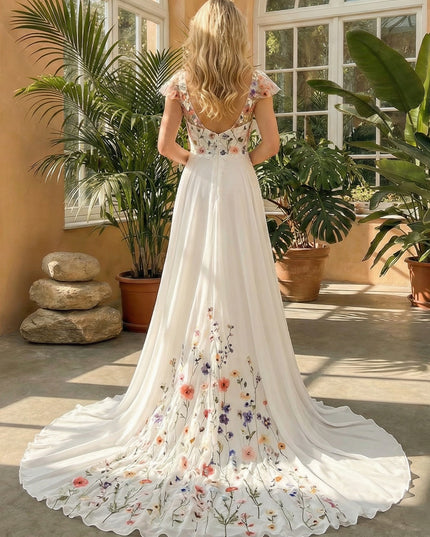 V Neck Ruffles Sleeves Lace Embroidered A-Line Wedding Dresses Backless