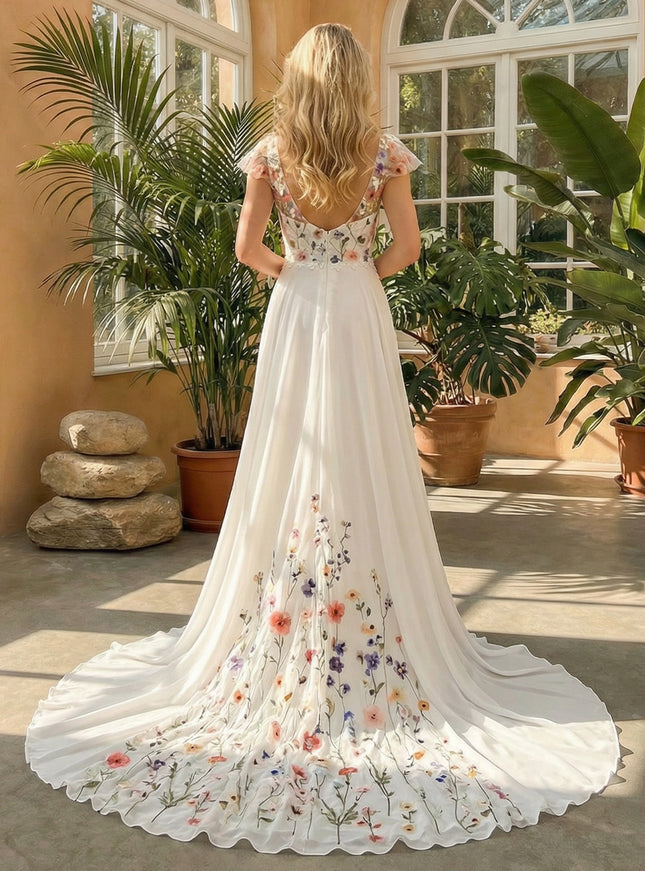 V Neck Ruffles Sleeves Lace Embroidered A-Line Wedding Dresses Backless