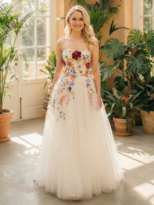 Strapless Lace Embroidered A-Line Backless Long Wedding Dresses