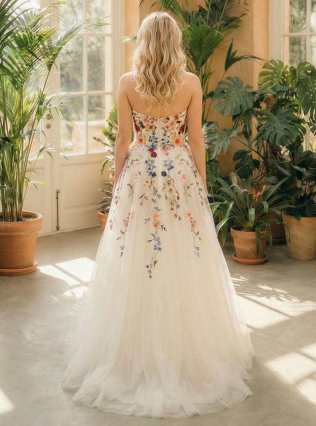 Strapless Lace Embroidered A-Line Backless Long Wedding Dresses