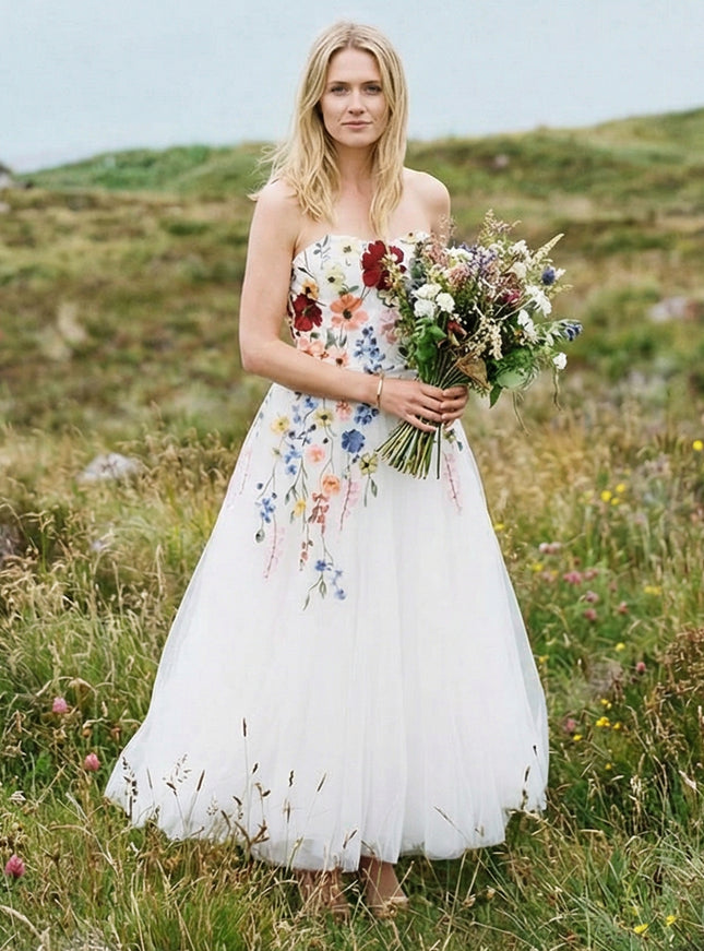 Strapless Lace Embroidered A-Line Backless Long Wedding Dresses